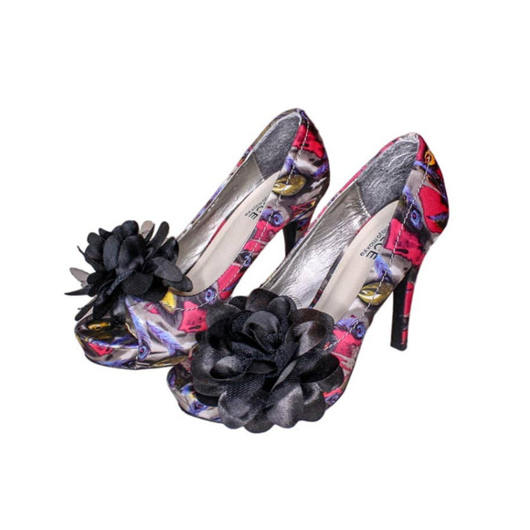 Dolce by Mojo Moxy High Heel Shoes Flower Multicolor Peacock Feather Pri… - Picture 3 of 5